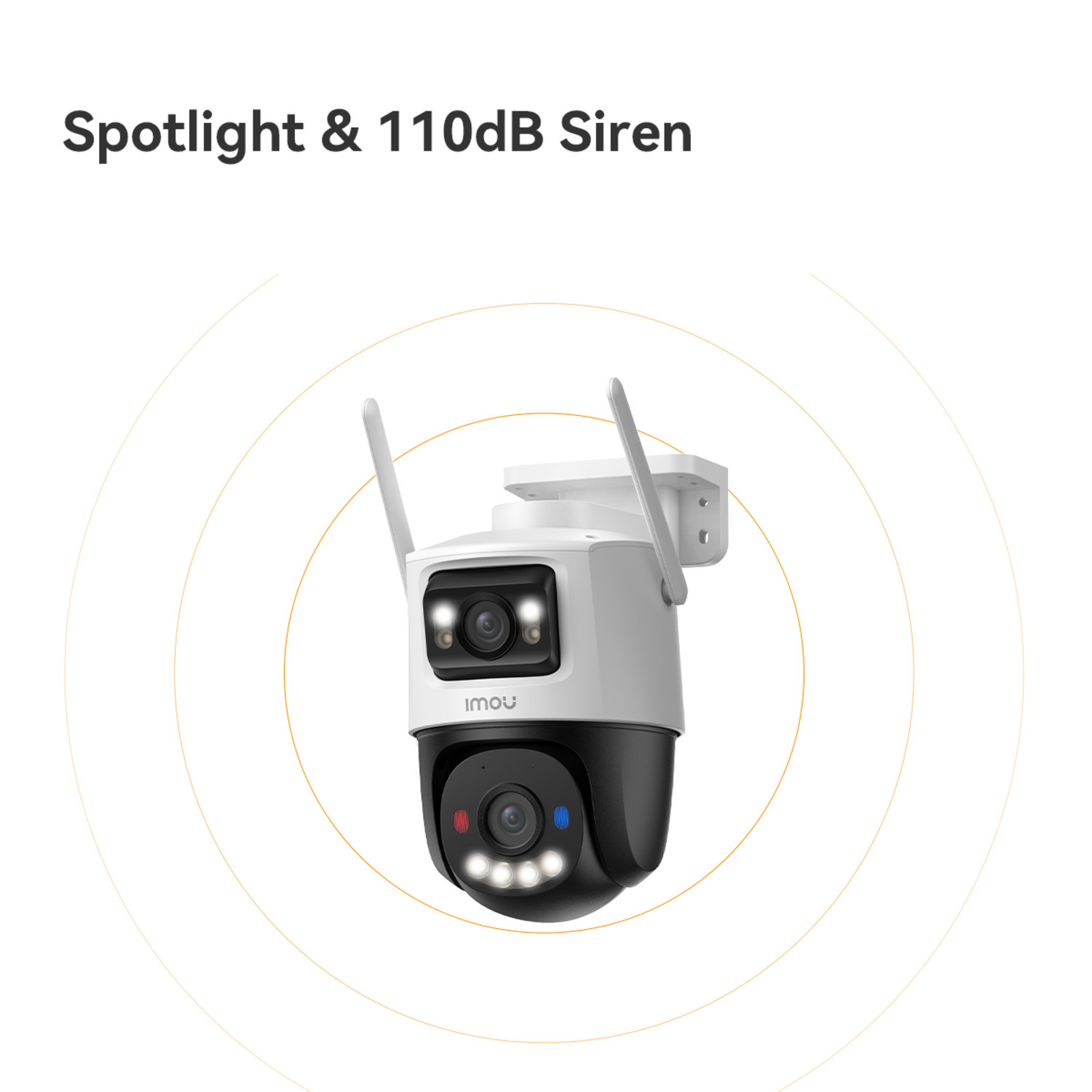 Een witte en zwarte beveiligingscamera met antennes, spotlight en sirene. De camera heeft het 'imou' logo.