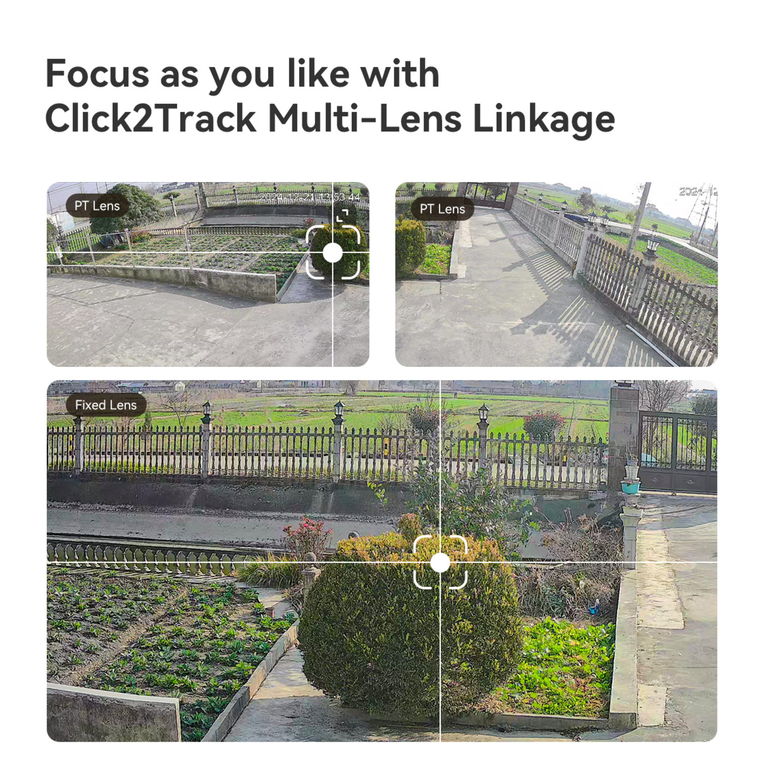 Afbeelding toont drie weergaven: tuin, hek en planten. Het benadrukt ook 'Click2Track Multi-Lens Linkage' met PT en vaste lens opties.