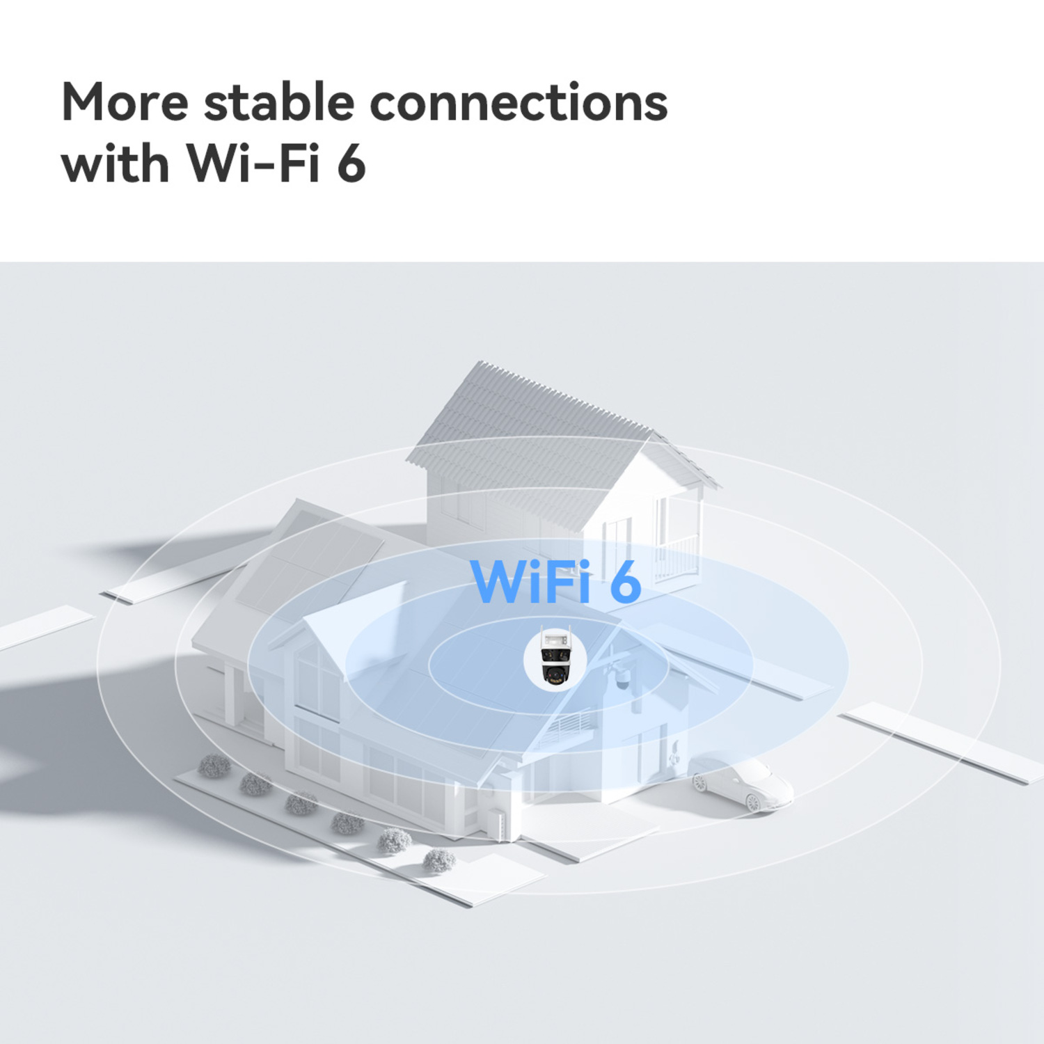 Een huis met Wi-Fi 6 signaal illustratie. Een camera in het midden van het signaal. Een auto geparkeerd.
