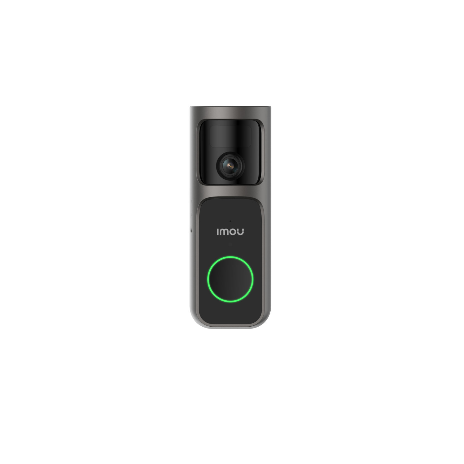 A gray video doorbell with a camera, the logo 'imou', and a green lit circle. The background is white.