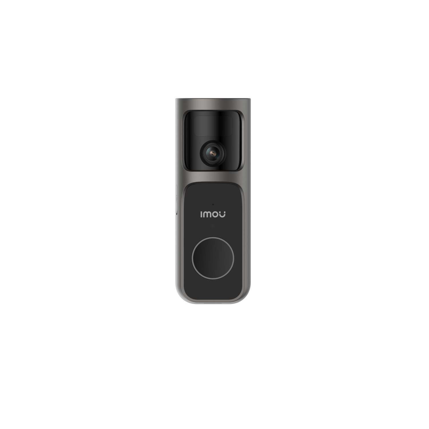 A silver Imou doorbell. It has a camera at the top and a button on the bottom. The Imou logo is above the button.
