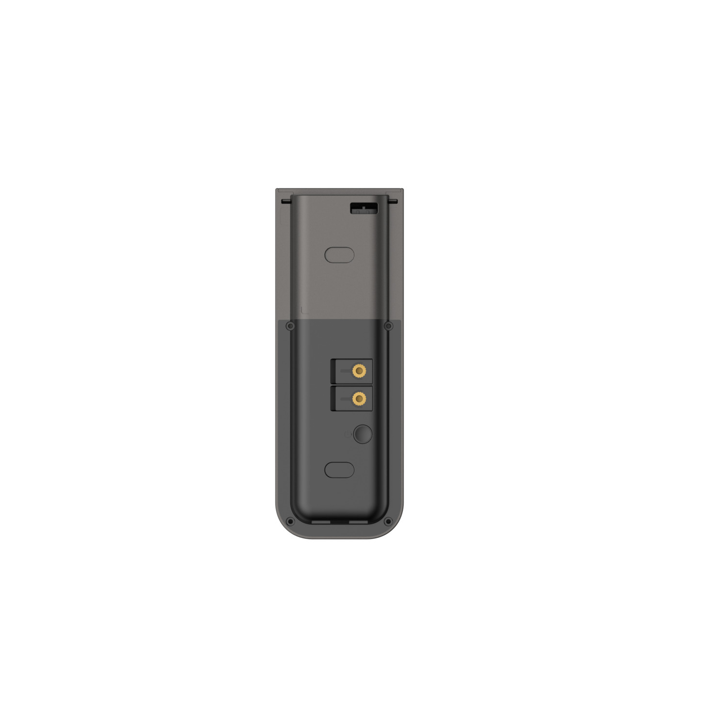 A dark gray device back. It has two golden connectors, a small button, and several slots.
