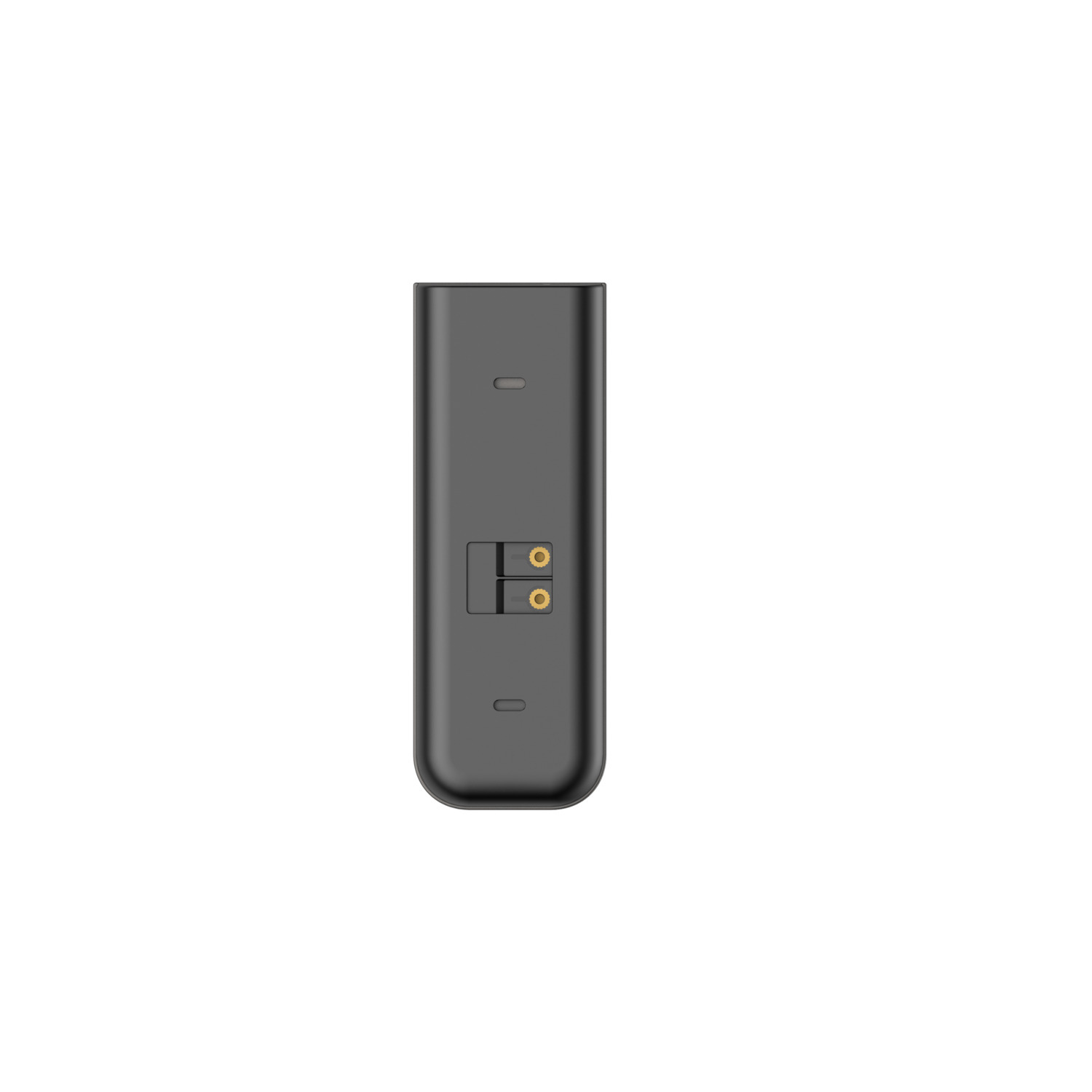 A gray rectangular device with two gold-colored circular ports. The device has two horizontal slots.