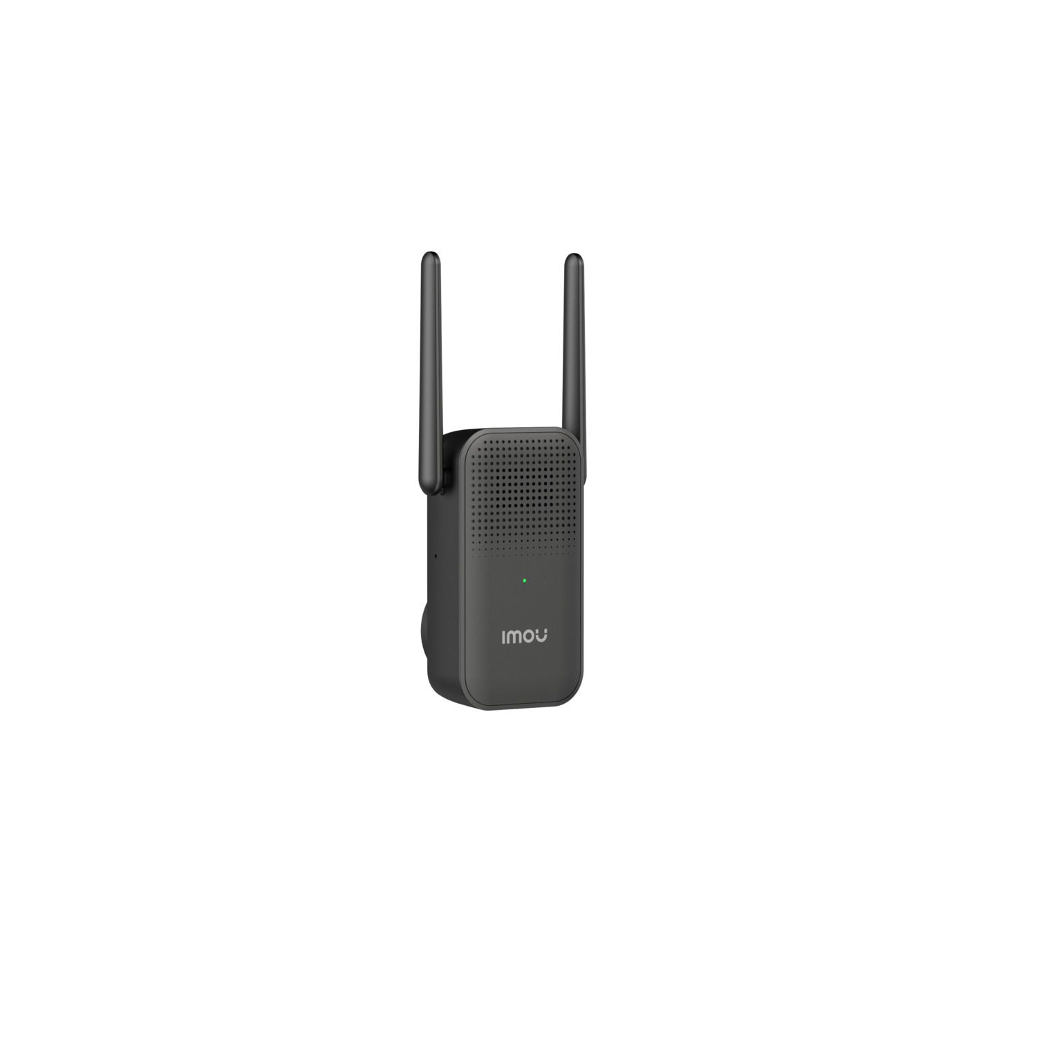 A gray Imou wifi extender with two antennas. It has small holes on the front and a green light. The background is white.