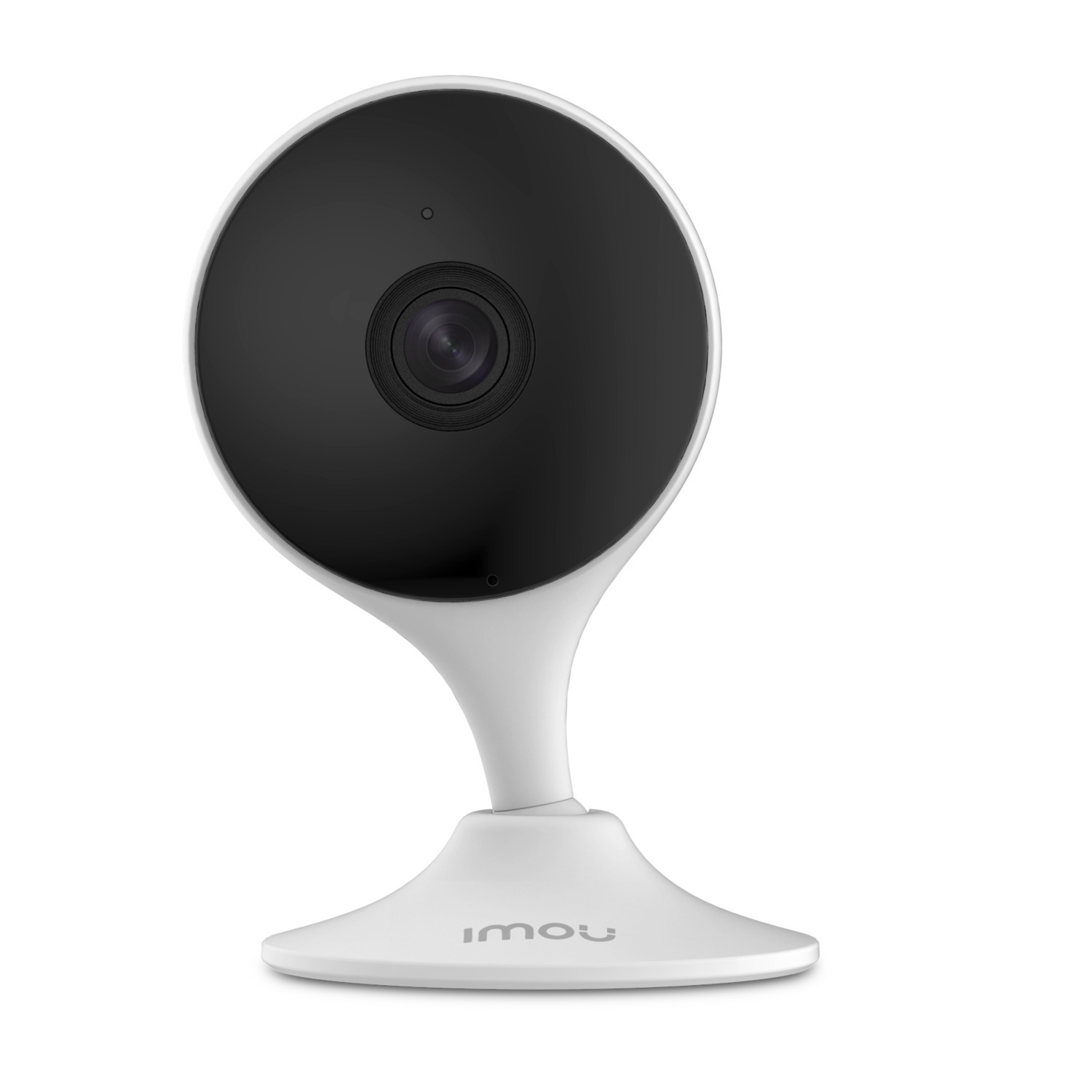 A white security camera with a black lens. It has a circular head and a curved stand. The brand name 'imou' is on the base.