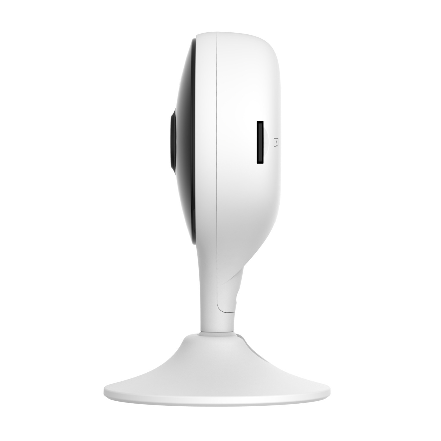 A white security camera with a black lens and a base. It has an SD card slot. The background is white.