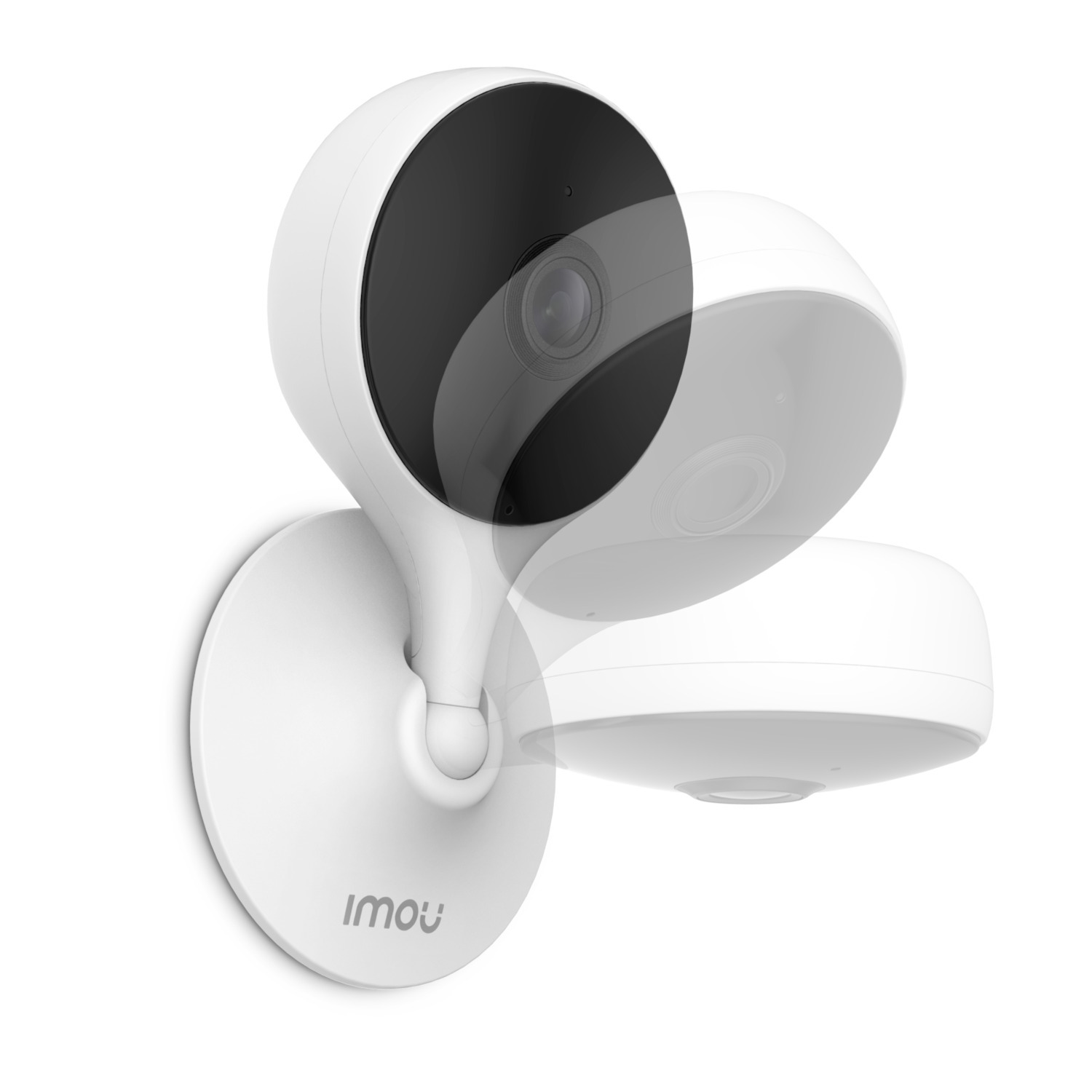 White Imou security camera. It has a black lens and a round base. The camera is partially transparent.