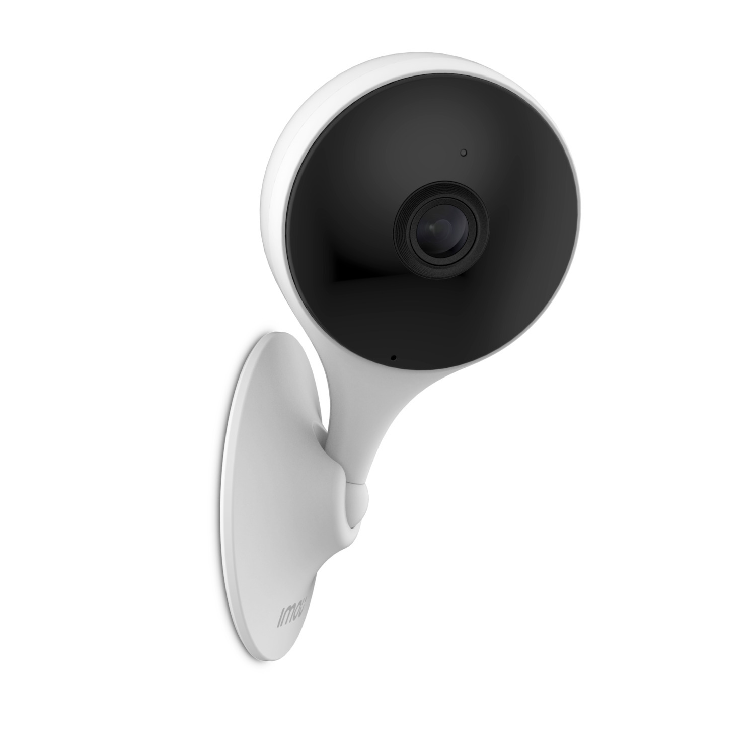 White security camera with a black front lens, mounted on a wall. The camera has a rounded design and a white base.