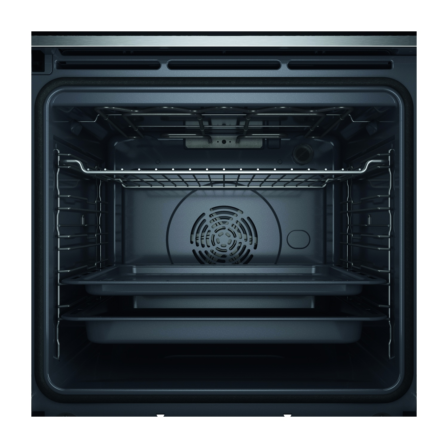 Interno del forno vuoto con griglie e vassoi metallici. Una ventola è visibile sul retro. Il forno è grigio scuro.