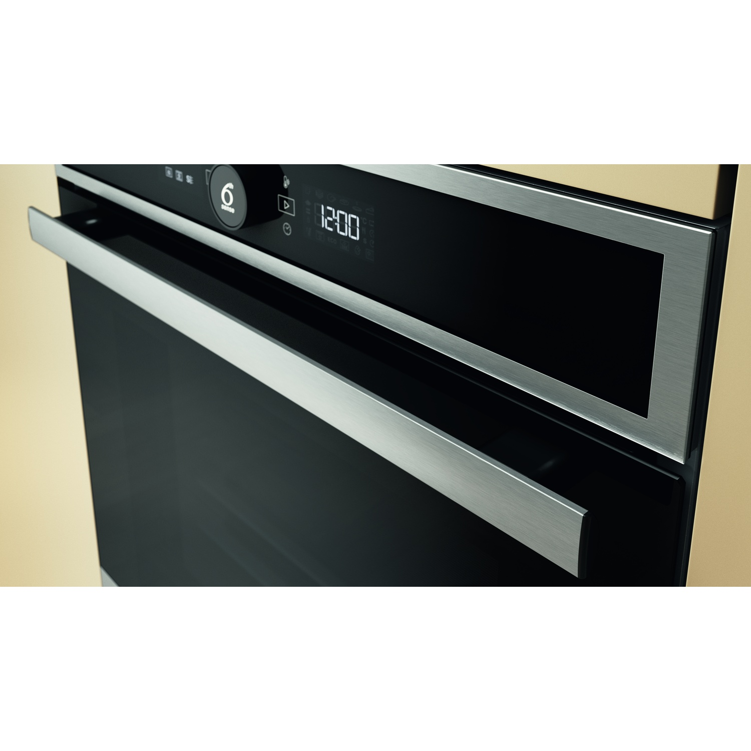 Primo piano di un forno nero con maniglia in acciaio inossidabile. Il display mostra le 12:00 e un quadrante mostra 6 minuti. Sfondo beige.