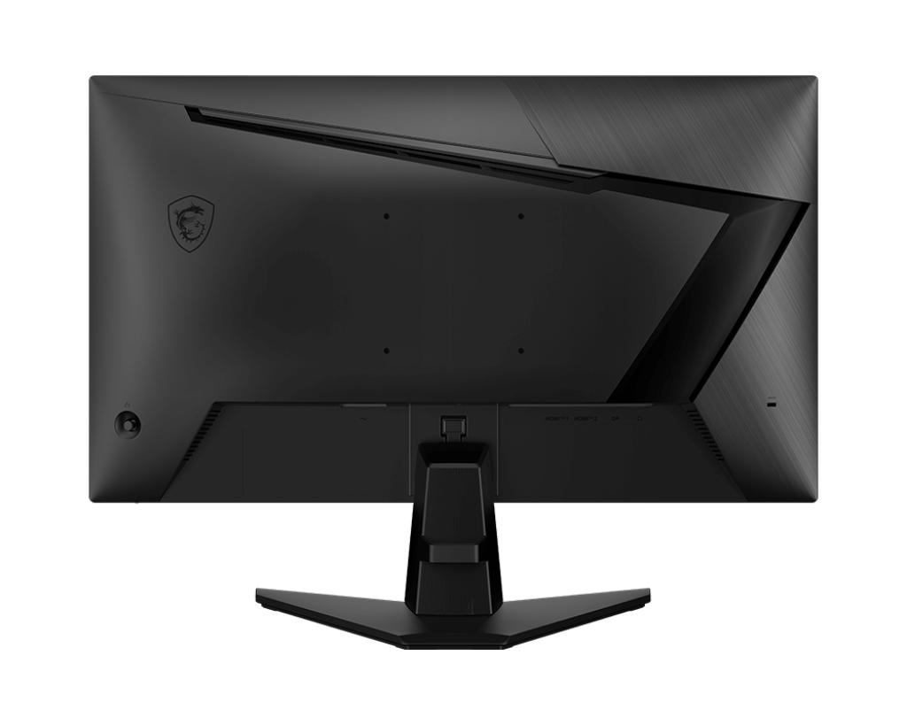 Egy fekete MSI monitor hátulról. Van rajta állvány, csatlakozók és az MSI logója. A háttér egyszínű fekete.