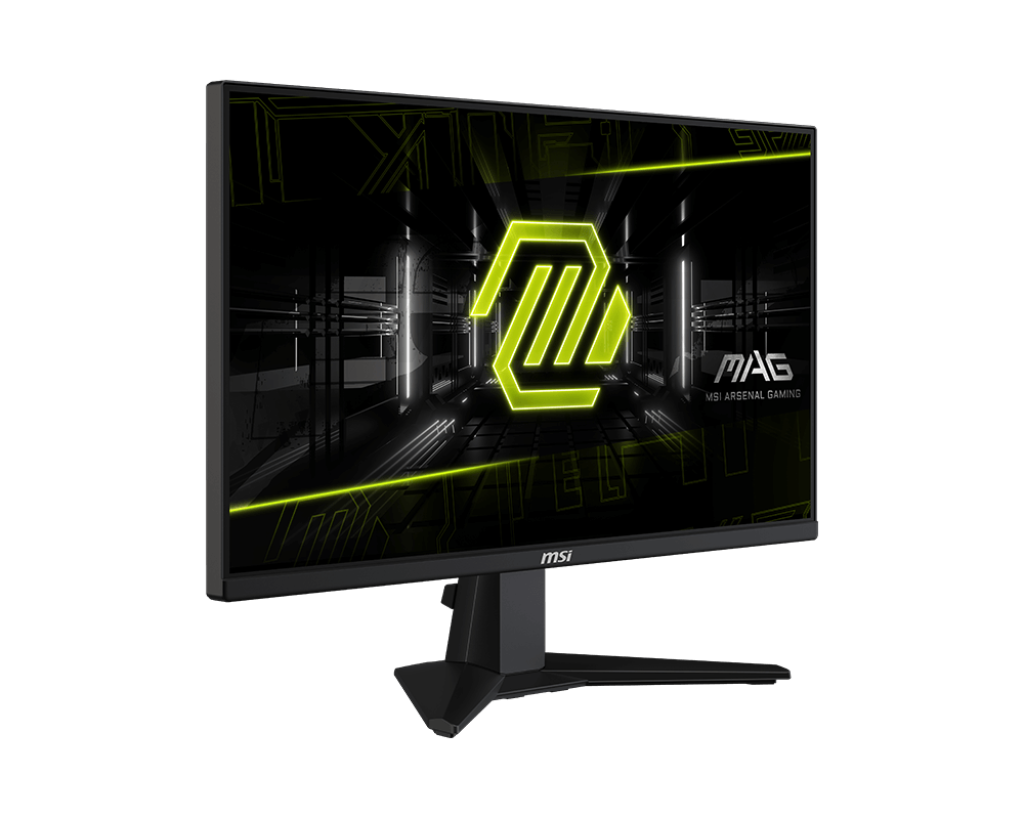 Egy fekete MSI gamer monitor zöld és fekete grafikát jelenít meg. A monitor fekete állványon van, fekete háttérben.