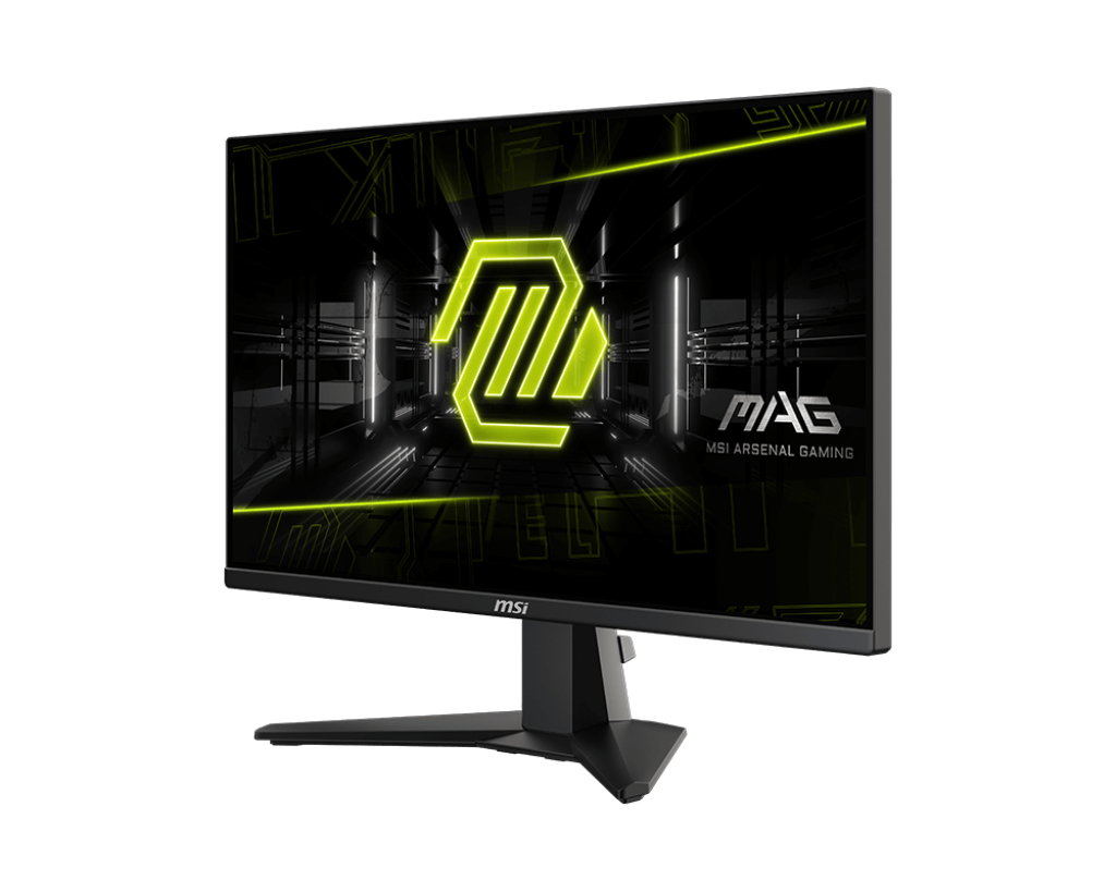 MSI MAG gaming monitor. Fekete keret, neon zöld logó a képernyőn, MSI Arsenal Gaming szöveg. Fekete állvány fekete háttéren.