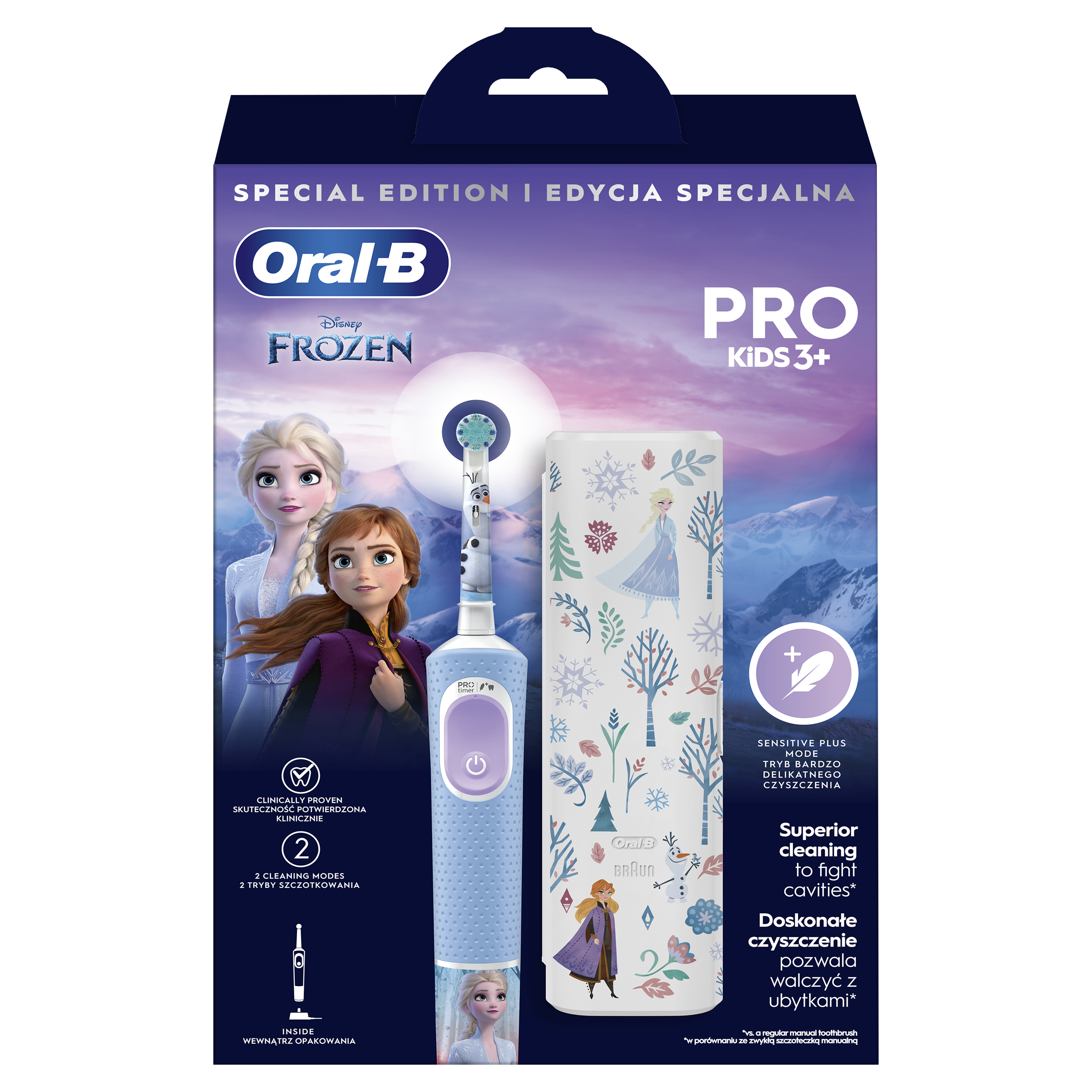 Szczoteczka do zębów Oral-B Pro Kids 3+ z postaciami z Krainy Lodu, z uchwytem. Pudełko zawiera tekst i obrazy.