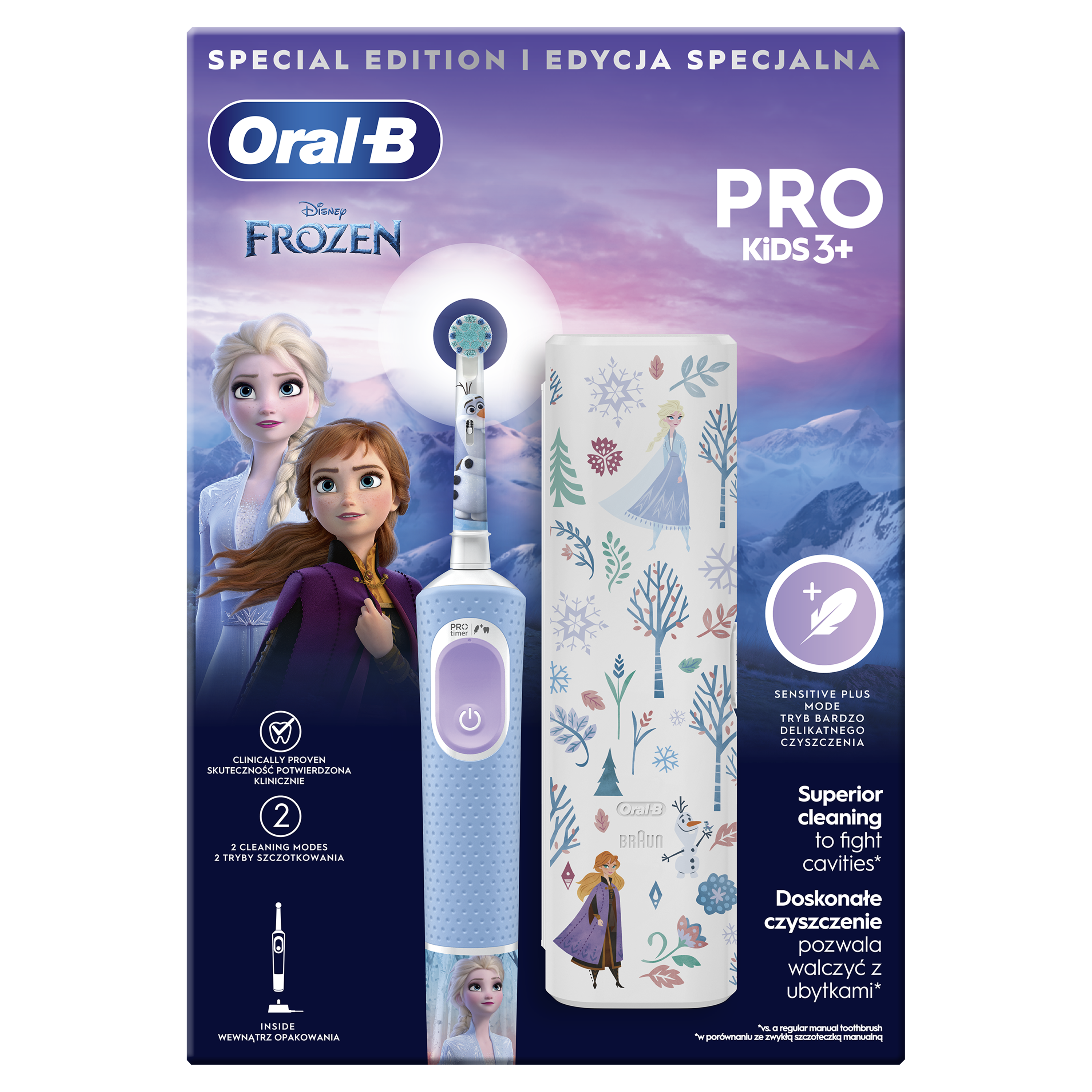 Szczoteczka do zębów Oral-B Pro Kids 3+ z postaciami z Krainy Lodu. Na pudełku Elsa i Anna. Ma niebieską szczoteczkę i etui.