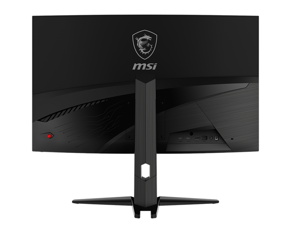 Fekete MSI monitor hátulja. Van rajta logó és portok. Az állvány fekete, a képernyő piros fénnyel világít.