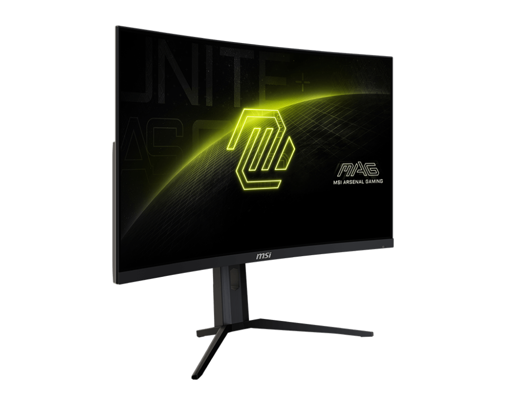 Egy ívelt MSI gamer monitor neonzöld fénnyel világító logót jelenít meg. A monitor egy fekete állványon áll, fekete háttér előtt.