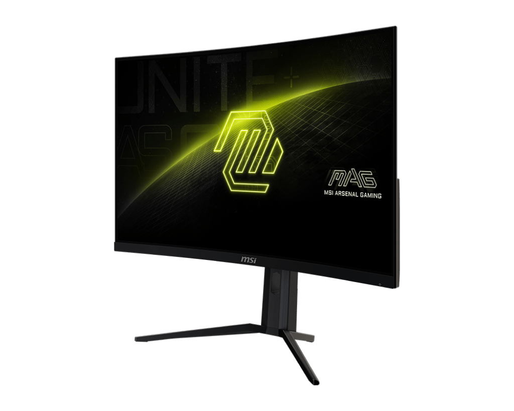 Egy ívelt MSI gaming monitor fekete állványon. A képernyő egy neon zöld elemekkel ellátott logót mutat, a 'MAG MSI ARSENAL GAMING' felirattal.