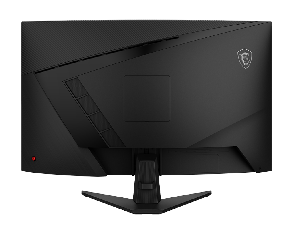 Egy fekete MSI gaming monitor hátulnézete fekete háttérrel. Tartóval, szellőzőnyílásokkal és logóval rendelkezik.
