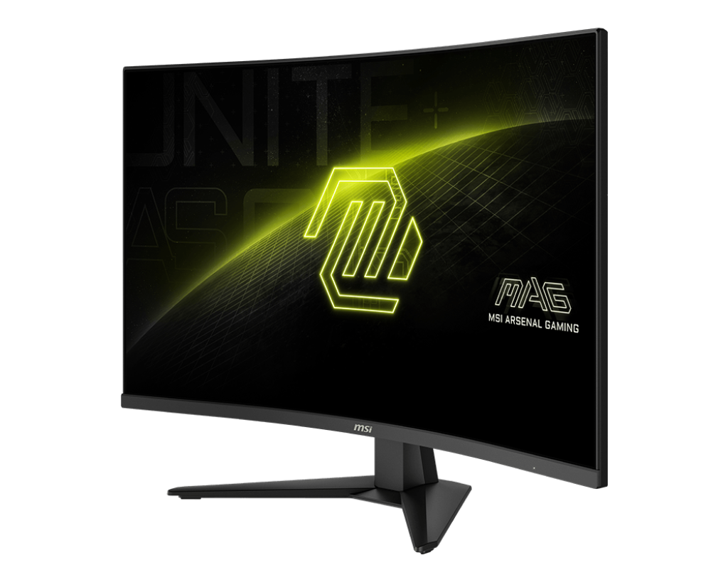 Ívelt gamer monitor fekete kerettel. A képernyő neon sárga logót és szöveget jelenít meg fekete háttéren.