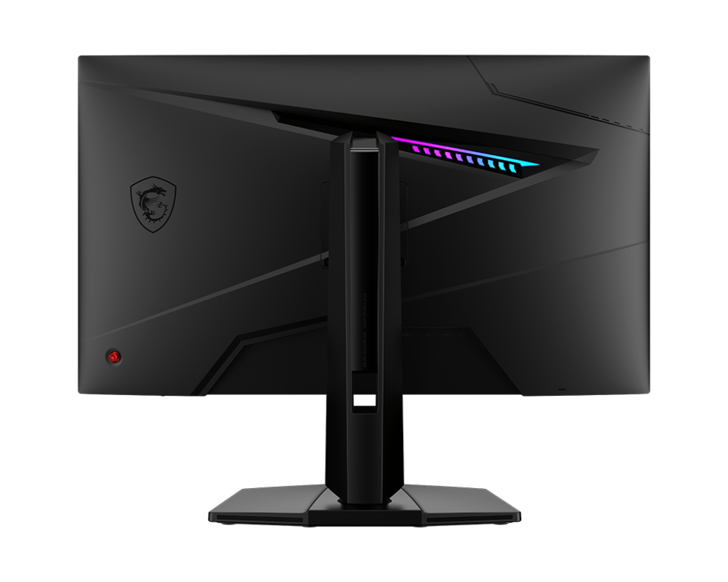 Fekete gamer monitor hátulja állvánnyal. Sárkány logó, LED-fények és különféle design elemek találhatók rajta.