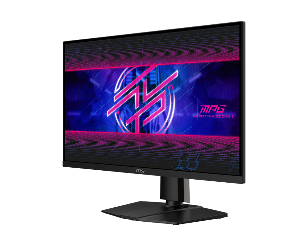 A fekete MSI monitor színes grafikát jelenít meg, rózsaszín logóval. A monitor fekete állványon, fekete háttér előtt van.