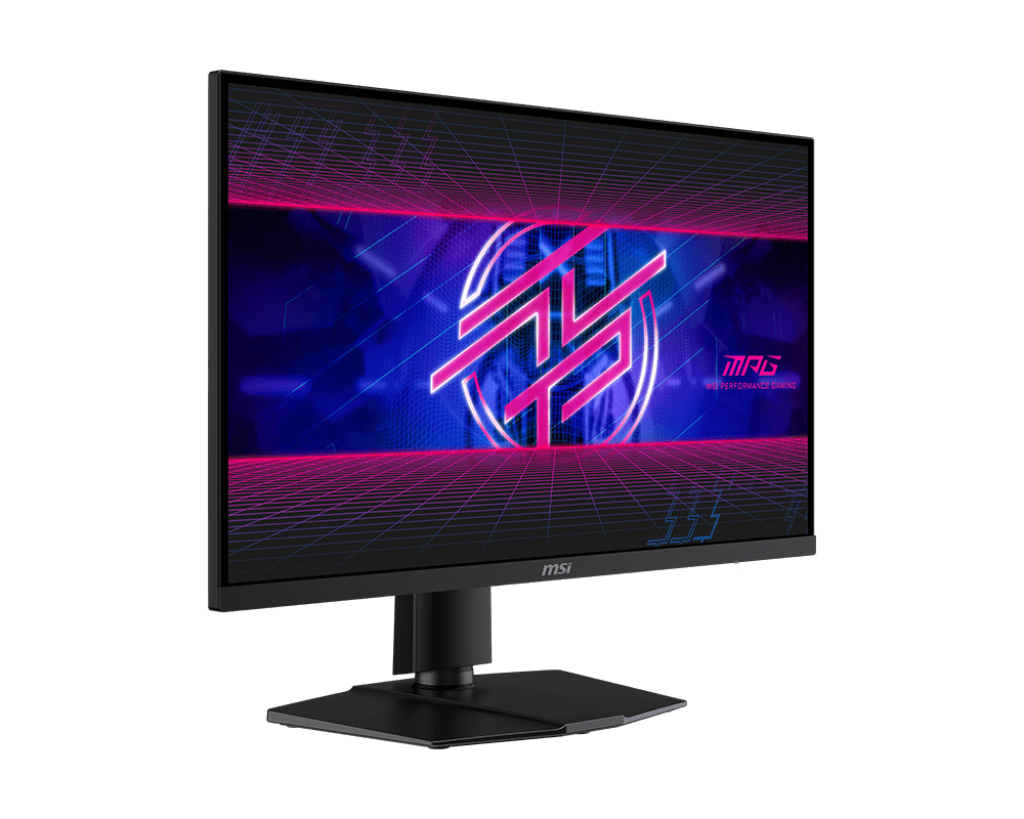 Az MSI gaming monitor rózsaszín és kék rácsos grafikát és logót jelenít meg. A monitor fekete állványon, fekete háttér előtt van.