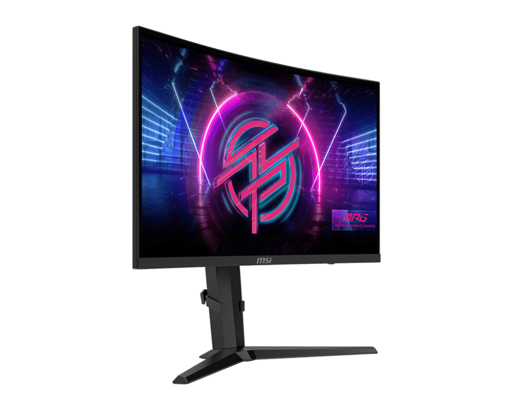 Egy ívelt MSI gamer monitor színes grafikát jelenít meg. A monitor fekete, fekete állvánnyal. A háttér fekete.
