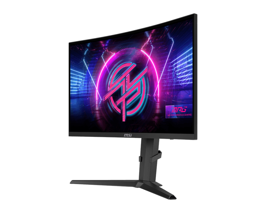 Ívelt MSI gaming monitor. A képernyő neon logót jelenít meg rózsaszín és kék fényekkel. Fekete állvány. Fekete háttér.