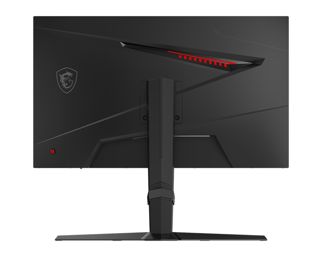 Fekete számítógép monitor hátulja. Piros lámpák, MSI logó és állvány látható. A háttér fekete.