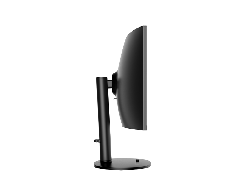 Egy fekete számítógép monitor oldalsó nézete. A monitor egy állványon van, a háttér fekete.