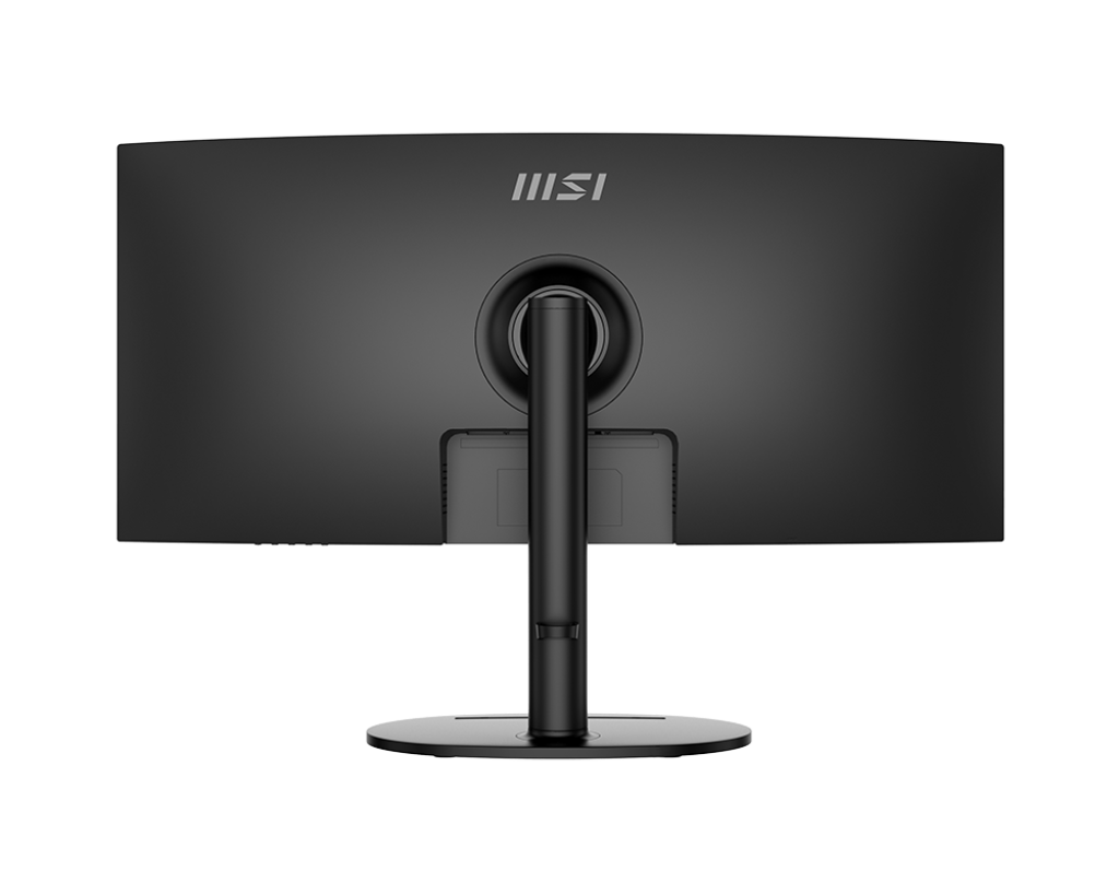 Egy fekete MSI monitor hátulról. Van egy állványa, az MSI logó és különböző portok láthatók.