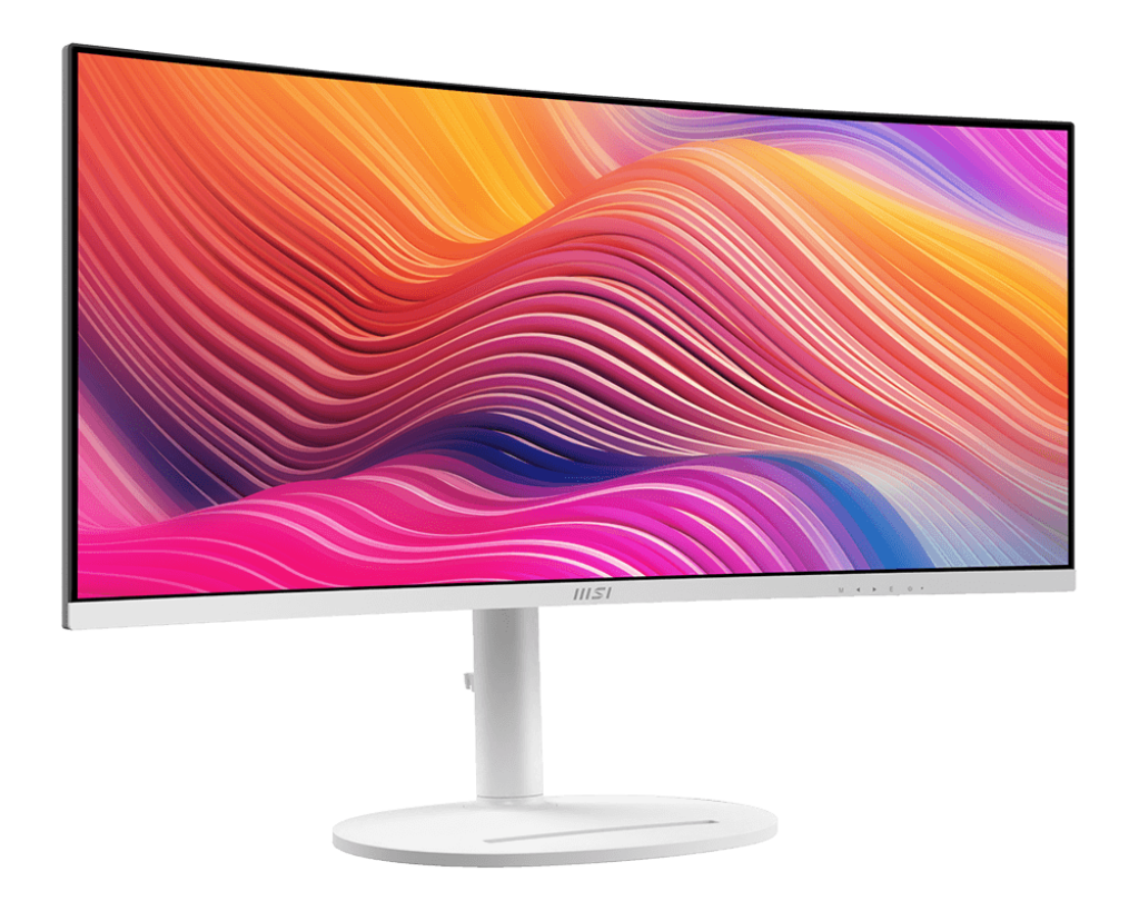 Egy fehér ívelt számítógép-monitor színes absztrakt hullámokat jelenít meg. A monitor fehér állvánnyal és fekete háttérrel rendelkezik.