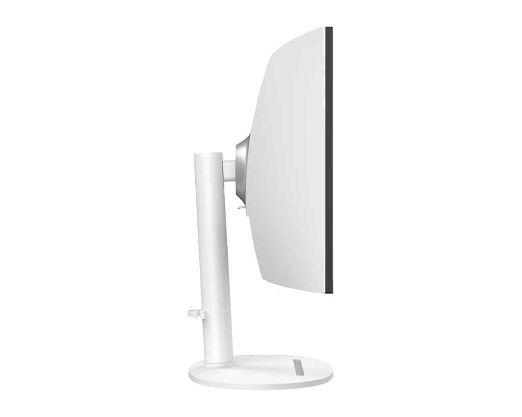 Fehér számítógép-monitor fehér állványon, oldalról nézve fekete háttér előtt. A képernyő ki van kapcsolva.