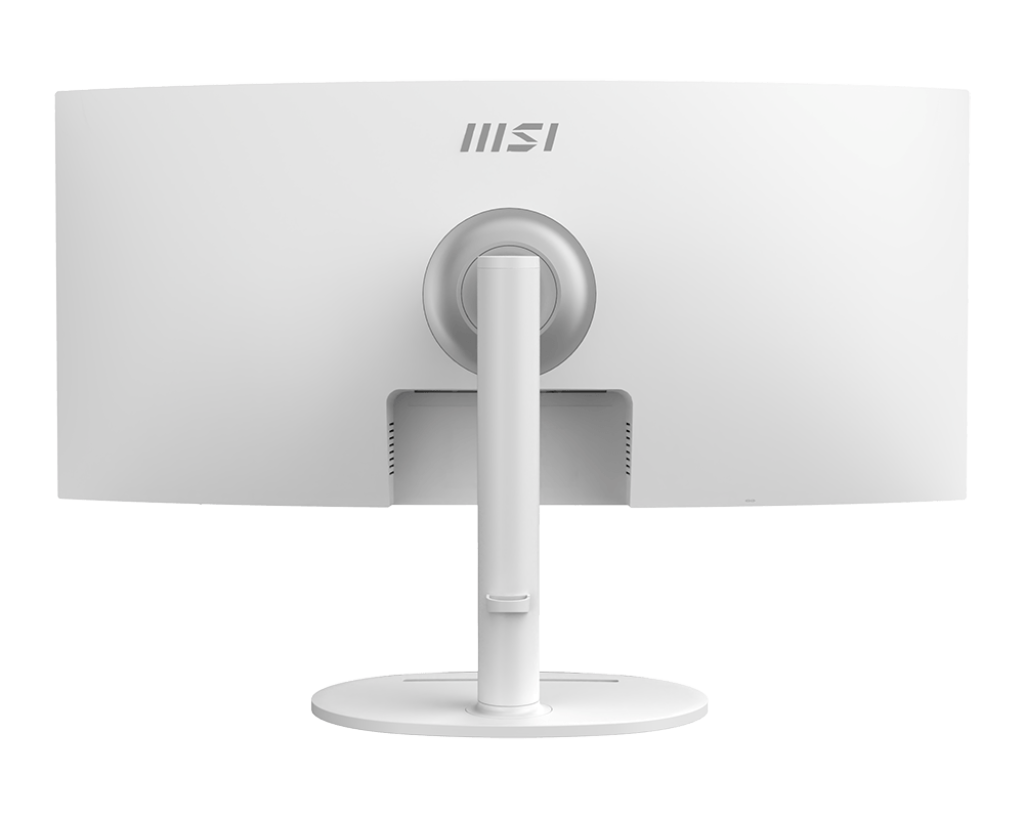 Egy fehér, ívelt számítógép monitor hátulnézete. Állványa van, és a tetején az MSI logó.