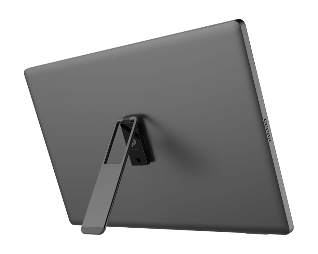 Egy szürke tablet egy állvánnyal van megtámasztva. A tablet hátulja látható, támasztólábbal és apró részletekkel.