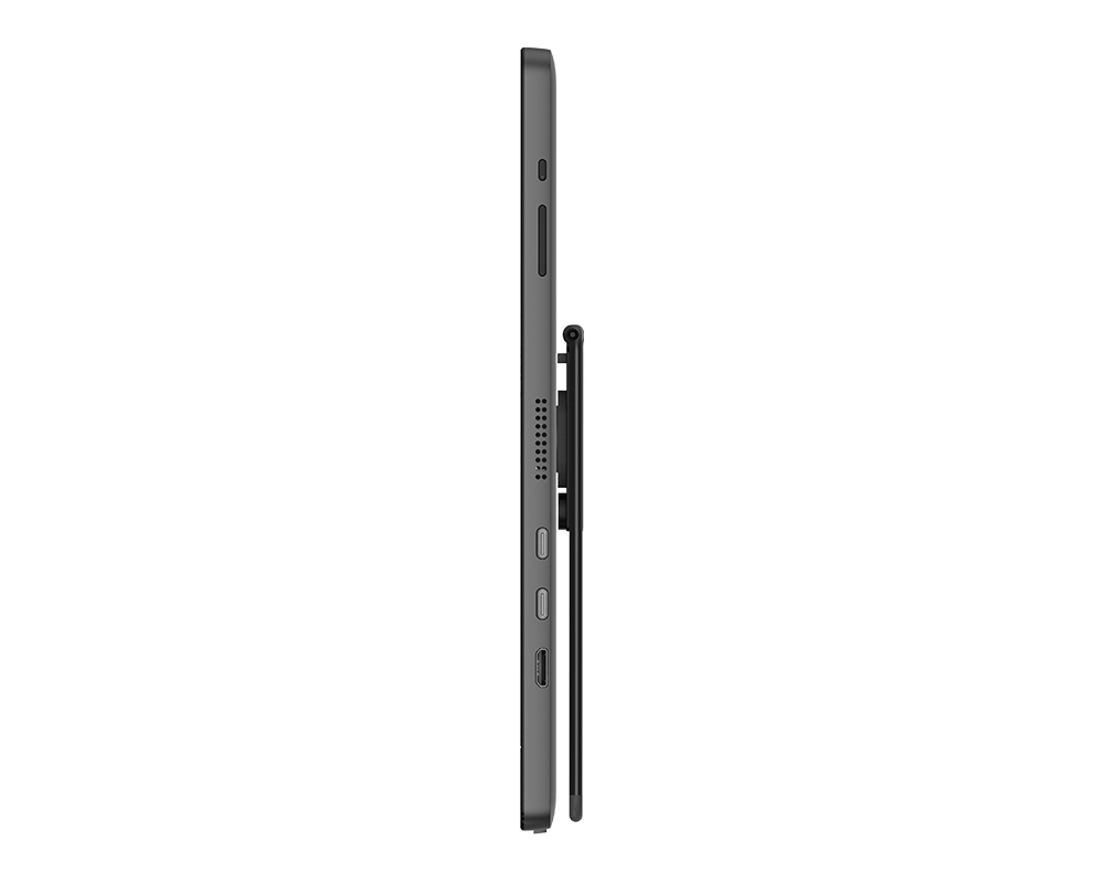 Egy szürke táblagép oldalsó nézete egy fekete tollal. A táblagép fekete háttér előtt látható.