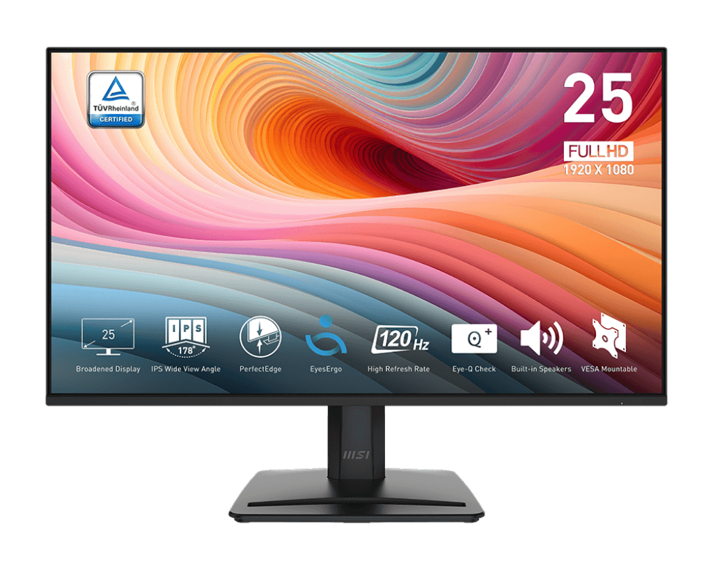 Egy számítógép monitor színes, absztrakt képet jelenít meg. Jellemzői: 25 hüvelyk, 120 Hz képfrissítési frekvencia és beépített hangszórók.