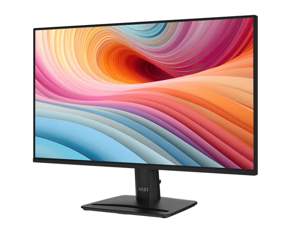 Egy fekete MSI monitor színes absztrakt képet jelenít meg. A monitor egy fekete állványon van, fekete háttér előtt.