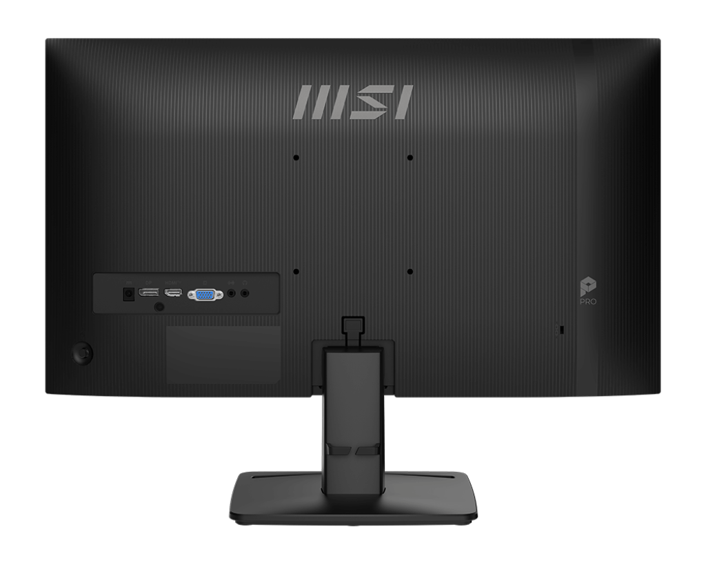 Egy fekete MSI monitor hátulja. Portok, állvány és az MSI logója látható. A PRO szó látható. A háttér fekete.