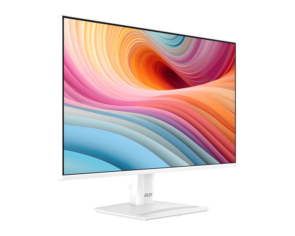 Egy fehér számítógép monitor színes absztrakt művészetet jelenít meg. A monitor fehér kerettel és állvánnyal rendelkezik, fekete háttér előtt.