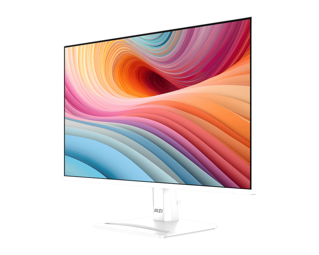 Egy fehér MSI monitor színes, absztrakt képet jelenít meg. A monitor fehér állványon van, fekete háttér előtt.