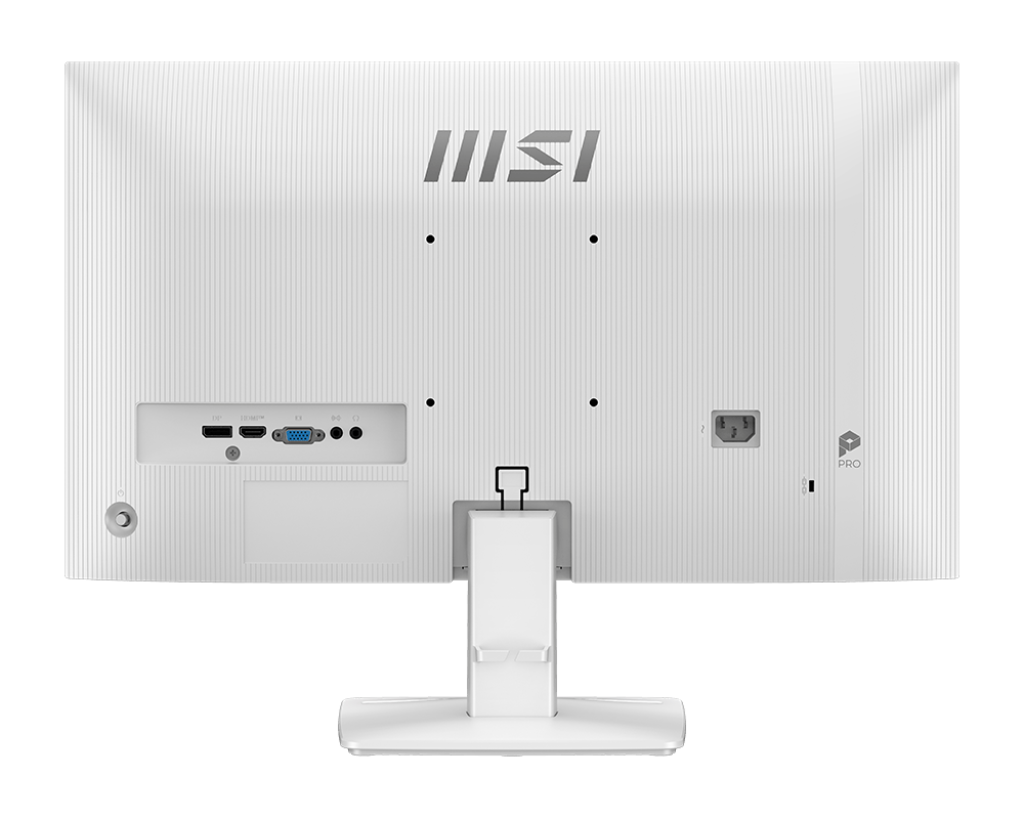 Fehér MSI monitor hátulja. Portokat, állványt és logót tartalmaz. Tápbemenetet és különféle csatlakozóportokat tartalmaz. PRO felirat látható.