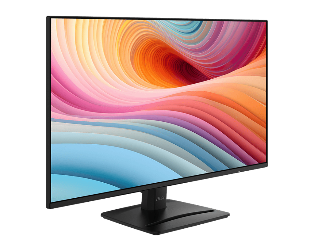 Egy fekete számítógép monitor színes, absztrakt dizájnt jelenít meg. A monitor fekete alapon áll, fekete háttér előtt.