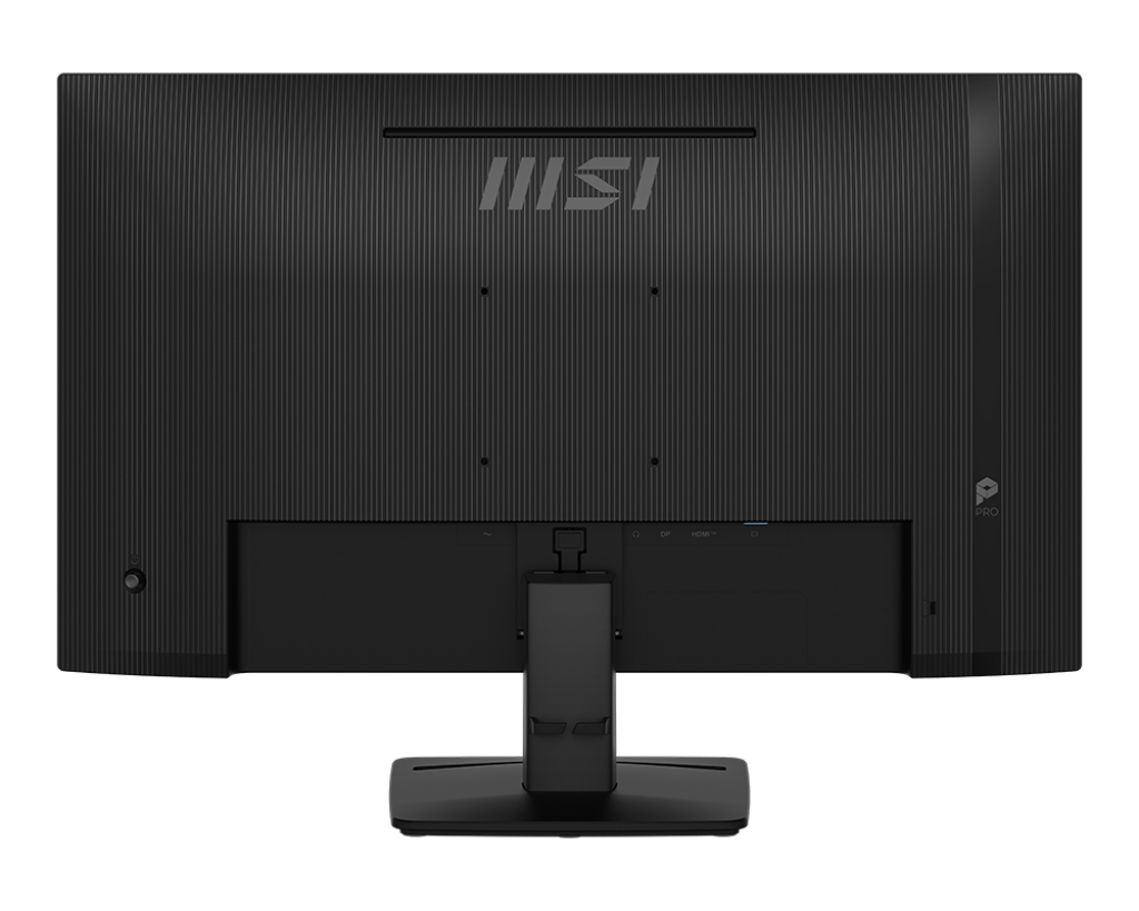 Egy fekete MSI monitor hátulnézete. Az MSI logó a tetején, portok és egy állvány alul. Fekete felületen.