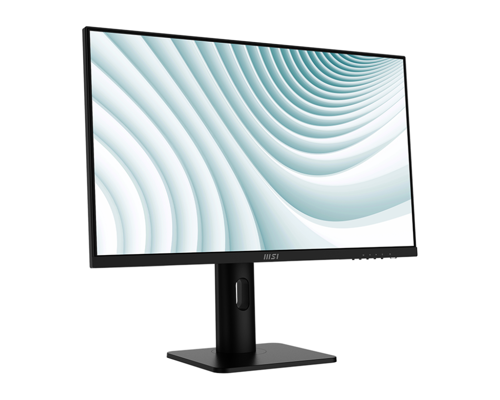 Egy fekete számítógép monitor fehér és kék hullámmintával a képernyőn. Fekete állványa és talpa van.