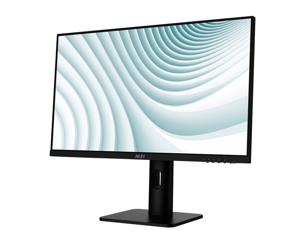 Egy fekete számítógép-monitor fehér és világoskék hullámmintát jelenít meg. A monitor egy fekete állványon áll, fekete háttér előtt.