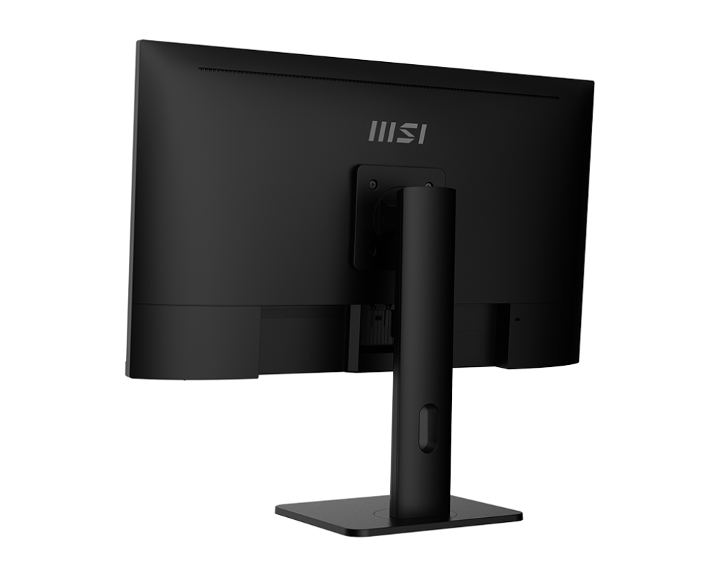 Fekete számítógép monitor hátulról. A MSI logója felül található. A monitor egy fekete talpú állványon van.