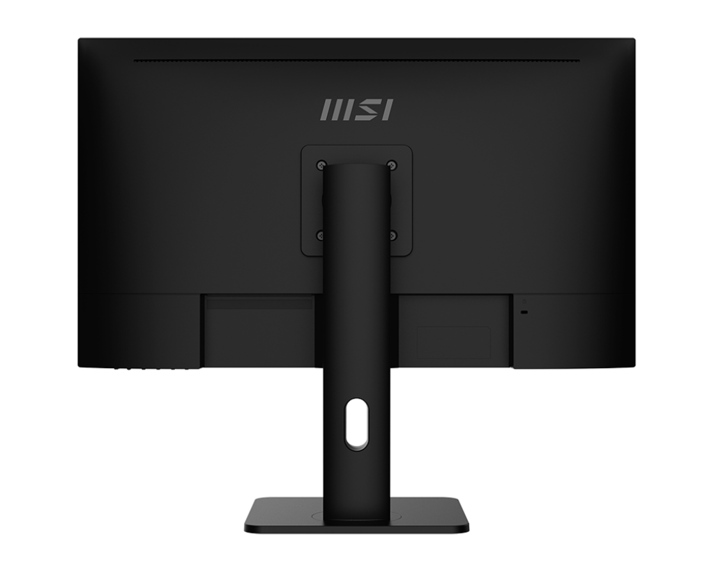 Fekete MSI monitor hátulnézete. A tartó középen van. MSI logó felül. Portok és tartók láthatók.