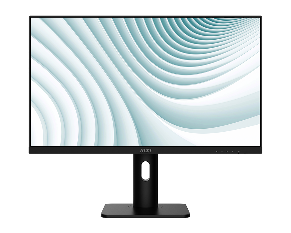 Egy fekete MSI monitor fehér és zöldeskék absztrakt mintát jelenít meg. A monitornak fekete állványa és kerete van.
